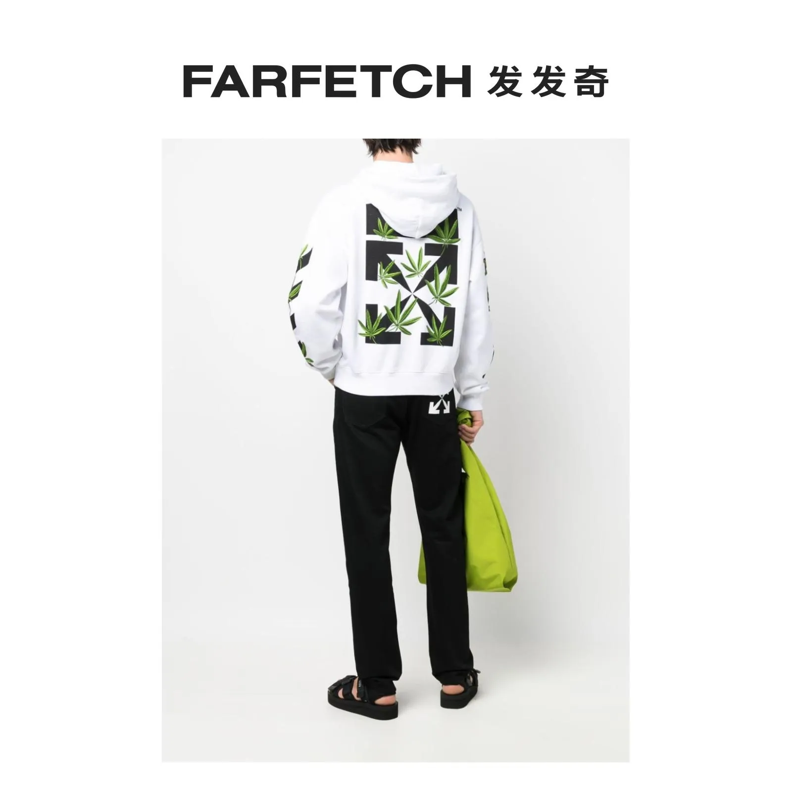 ♻️💯Refer to the model picture for the upper body❤️[New style] 22SS top version OFFWHITE OW lucky leaf embroidery print men and women couples the same trendy pure cotton loose autumn and winter hooded sweatshirt. This year's environmentally friendly series is indeed a bit interesting, all centered around plants. The combination of lucky leaves and arrows has a slightly fresh and artistic style. The front panel printing uses Tajima embroidery printing and superimposed embroidery technology, with a yellow background, a second layer of blue, and the last layer is purple OFF. The embroidery is raised and has a tactile feel. The arrows on the back are made using imported glue technology and then put on the embroidery machine. The printing is realistic and full. Ye Jing's expression is very obvious. Customized three-label auxiliary materials to perfectly restore ZP.  Color: black and white Size: XS-L P:430